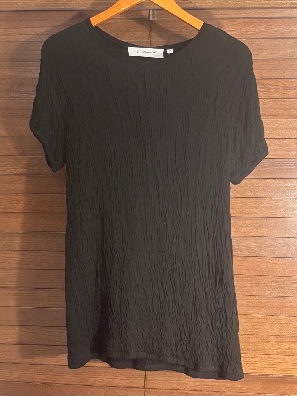 Derek Lam 10 Crosby Black Crinkle Pleated Short Sleeve Tunic Top